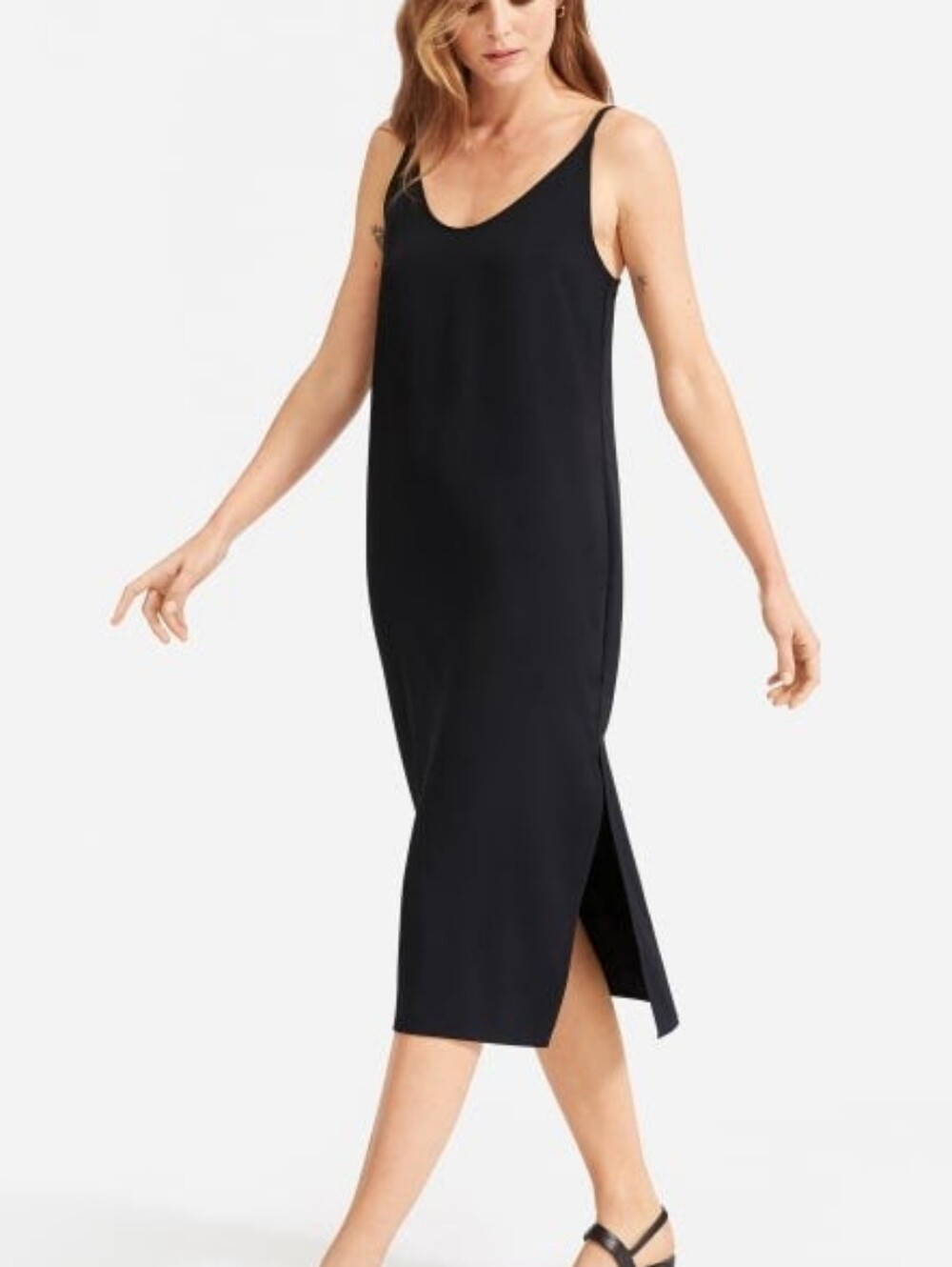 Everlane Tencel Scoop Neck Side Slit Black Midi Dress Size 4